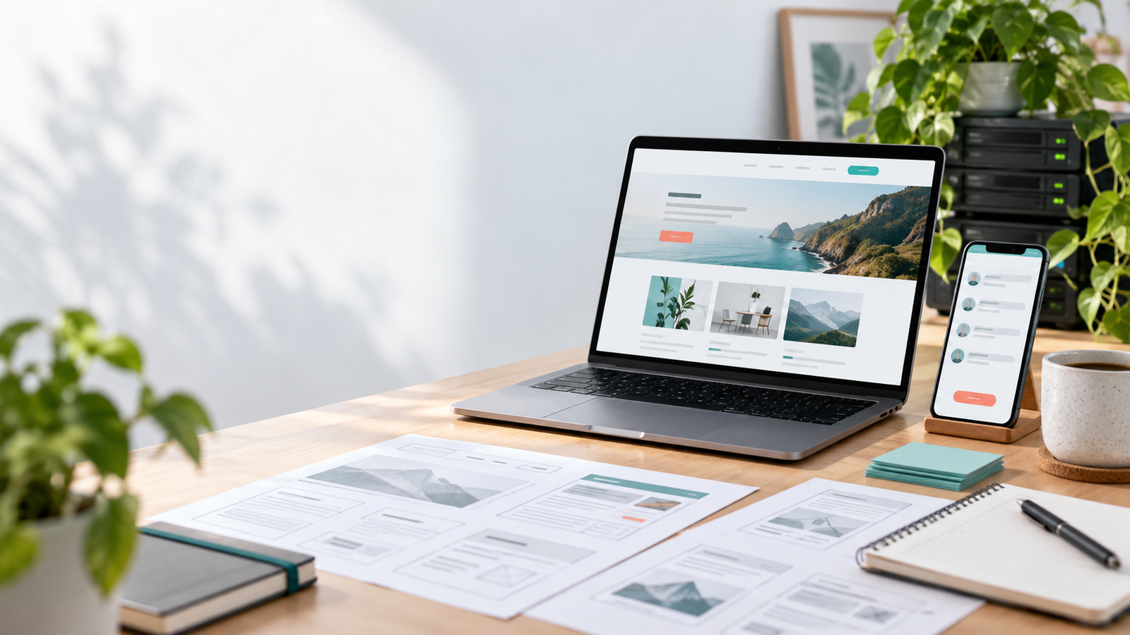 Escritorio de desarrollo web con notebook, wireframes y teléfono con interfaz de contacto